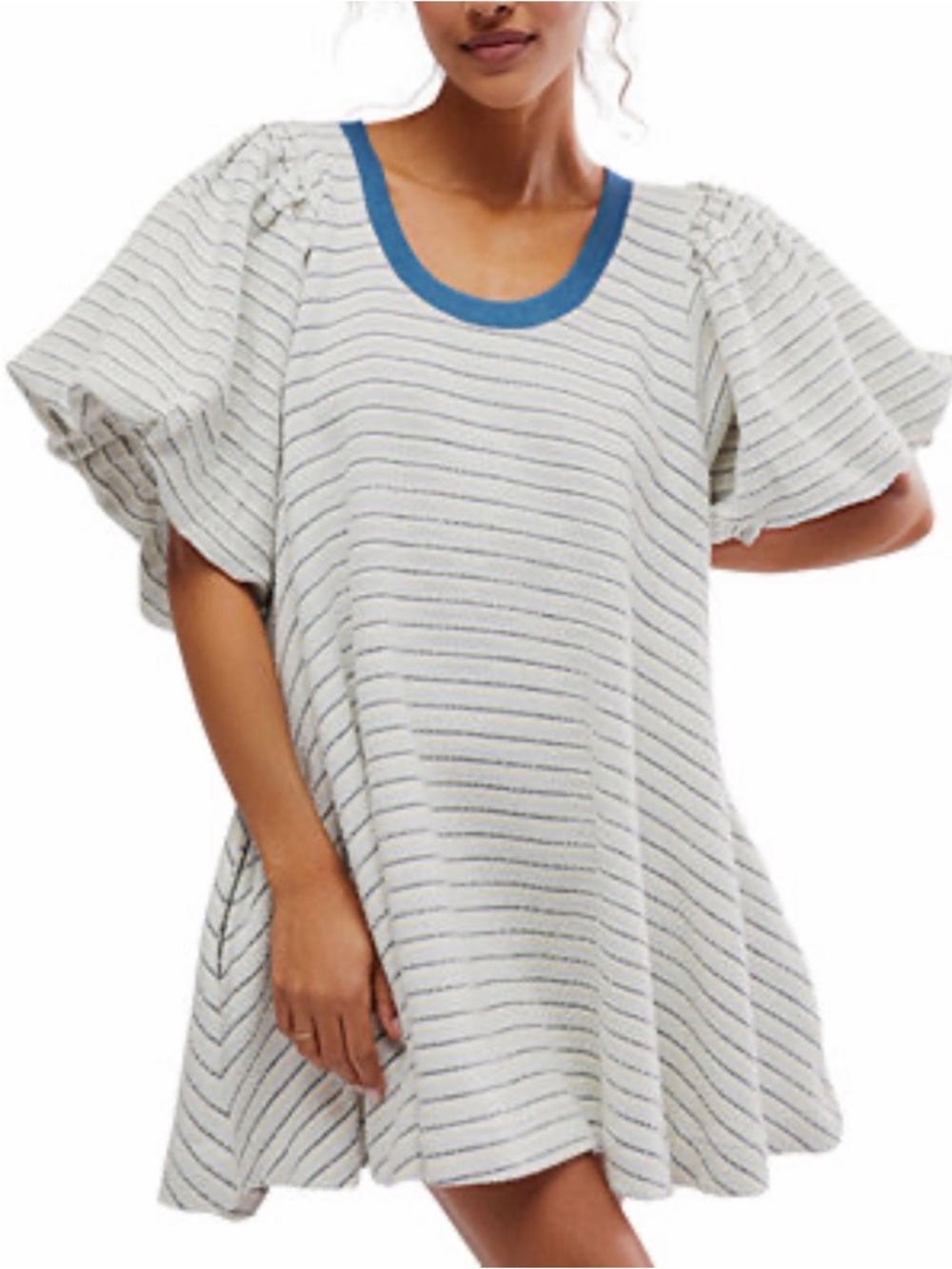 Free People Hudson Tunic Dress White Blue Textured Puff Sleeve Cotton Women’s M?